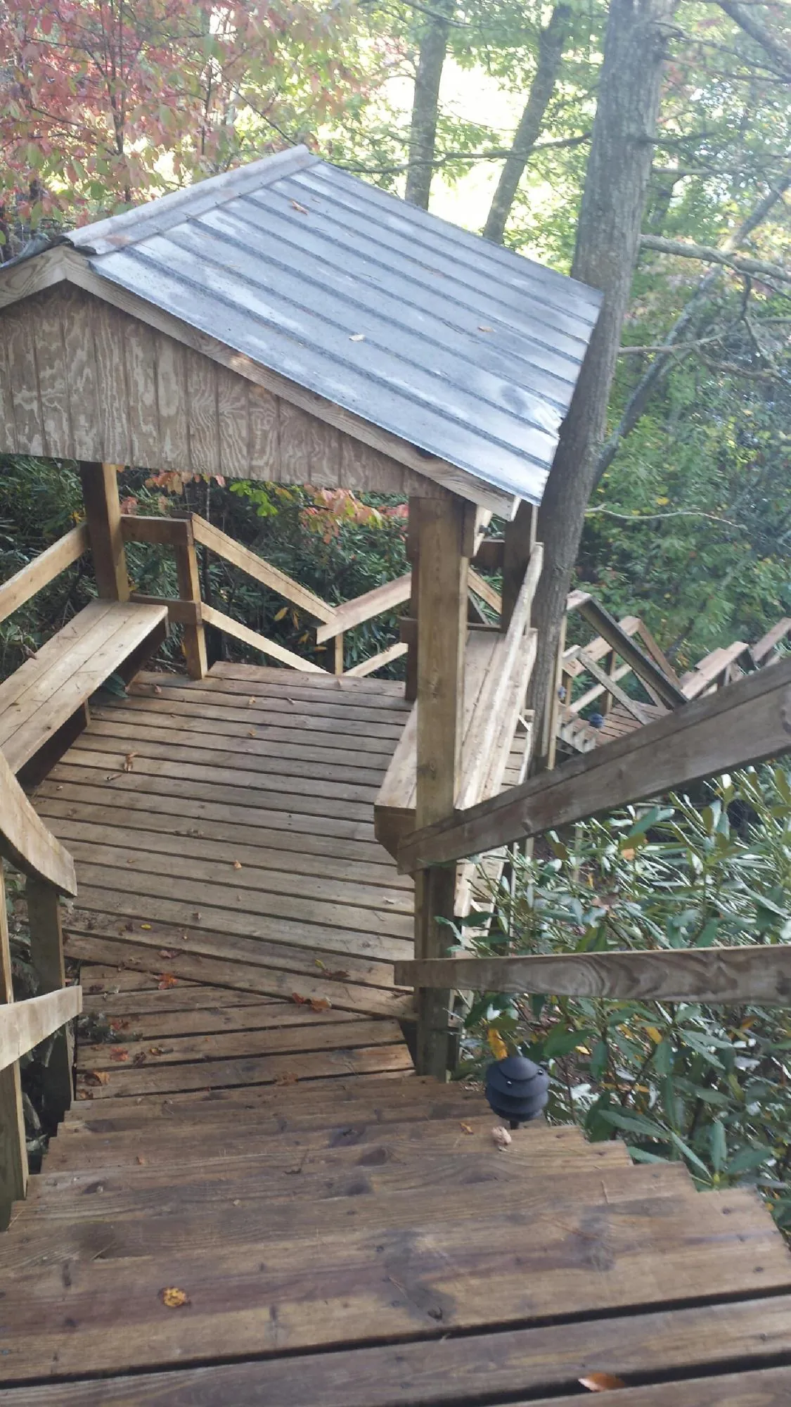 Metal roofed shelter over wooden steps on a wooded walkway — Skylight Repair & Installation work by our crew in Buckholts